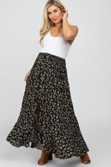 Black Floral Smocked Drawstring Waist Slit Maternity Maxi Skirt