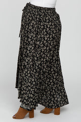 Black Floral Smocked Drawstring Waist Slit Maternity Maxi Skirt