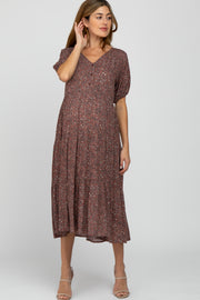 Light Burgundy Floral Print Button Front Maternity Midi Dress