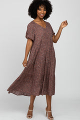 Light Burgundy Floral Print Button Front Midi Dress