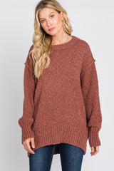 Rust Textured Knit Exposed Seam Sweater