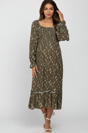 Olive Floral Smocked Long Sleeve Maternity Midi Dress