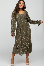 Olive Floral Smocked Long Sleeve Midi Dress