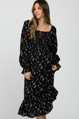 Black Floral Smocked Long Sleeve Maternity Midi Dress