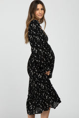 Black Floral Smocked Long Sleeve Maternity Midi Dress