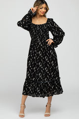 Black Floral Smocked Long Sleeve Maternity Midi Dress