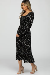 Black Floral Smocked Long Sleeve Midi Dress