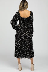 Black Floral Smocked Long Sleeve Midi Dress