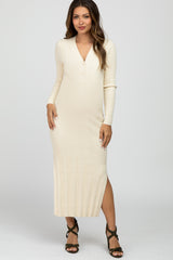 Beige Ribbed Knit Side Slit Maternity Maxi Dress