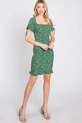 Green Floral Smocked Fitted Mini Dress