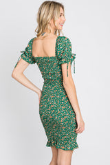 Green Floral Smocked Fitted Mini Dress