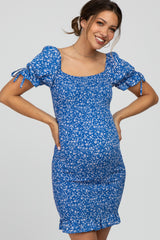 Royal Blue Floral Smocked Fitted Maternity Mini Dress