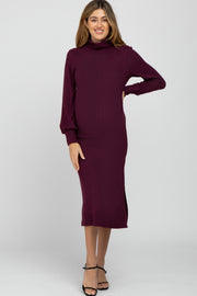 Burgundy Brushed Rib Knit Turtle Neck Maternity Midi Dress