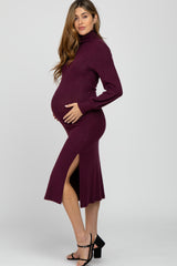 Burgundy Brushed Rib Knit Turtle Neck Maternity Midi Dress