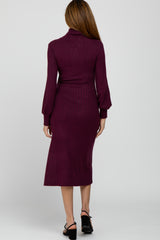 Burgundy Brushed Rib Knit Turtle Neck Maternity Midi Dress