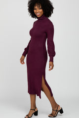 Burgundy Brushed Rib Knit Turtle Neck Midi Dress