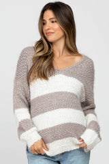 Mocha Striped V-Neck Eyelash Maternity Sweater