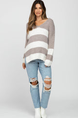 Mocha Striped V-Neck Eyelash Maternity Sweater