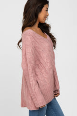 Pink V-Neck Side Slit Cable Knit Sweater