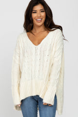 Ivory V-Neck Side Slit Cable Knit Maternity Sweater