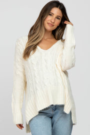 Ivory V-Neck Side Slit Cable Knit Maternity Sweater