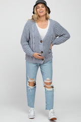 Blue Cable Knit Button Front Maternity Cardigan