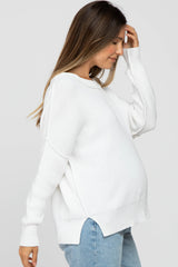 White Exposed Seam Side Slit Maternity Sweater