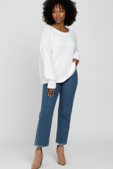 White Exposed Seam Side Slit Sweater