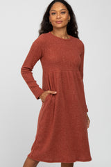 Rust Brushed Ribbed Knit Dress