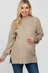 Taupe Mock Neck Side Slit Maternity Sweater