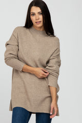 Taupe Mock Neck Side Slit Maternity Sweater