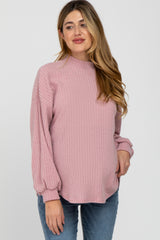 Pink Ribbed Mock Neck Maternity Top