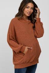 Rust Brushed Ribbed Maternity Hooded Top