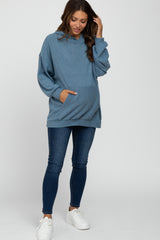 Blue Brushed Ribbed Maternity Hooded Top