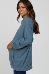 Blue Brushed Ribbed Maternity Hooded Top