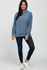 Blue Brushed Ribbed Hooded Top