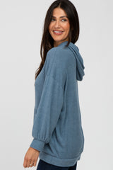 Blue Brushed Ribbed Hooded Top