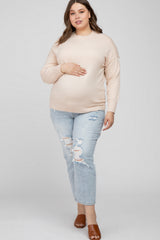 Beige Mock Neck Exposed Seam Maternity Plus Sweater