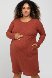 Rust Brushed Ribbed Knit Maternity Plus Dress