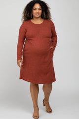 Rust Brushed Ribbed Knit Maternity Plus Dress