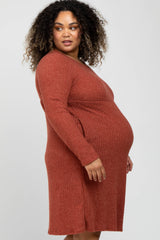 Rust Brushed Ribbed Knit Maternity Plus Dress