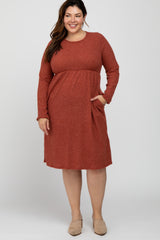 Rust Brushed Ribbed Knit Maternity Plus Dress