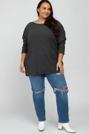 Charcoal Brushed Ribbed Dolman Sleeve Plus Top