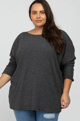 Charcoal Brushed Ribbed Dolman Sleeve Plus Top