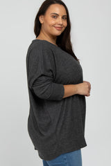 Charcoal Brushed Ribbed Dolman Sleeve Plus Top