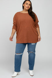 Rust Brushed Ribbed Dolman Sleeve Plus Top