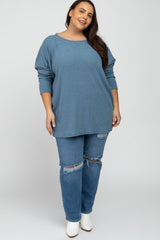 Teal Brushed Ribbed Dolman Sleeve Plus Top