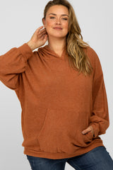 Rust Brushed Ribbed Maternity Plus Hooded Top