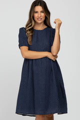 Navy Blue Square Dot Puff Sleeve Babydoll Maternity Dress