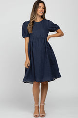 Navy Blue Square Dot Puff Sleeve Babydoll Maternity Dress